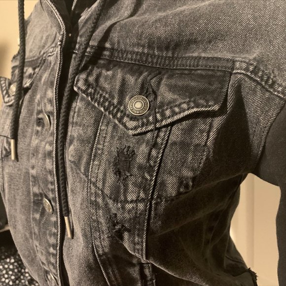 Distressed Denim Jacket with Hood - Picture 3 of 7